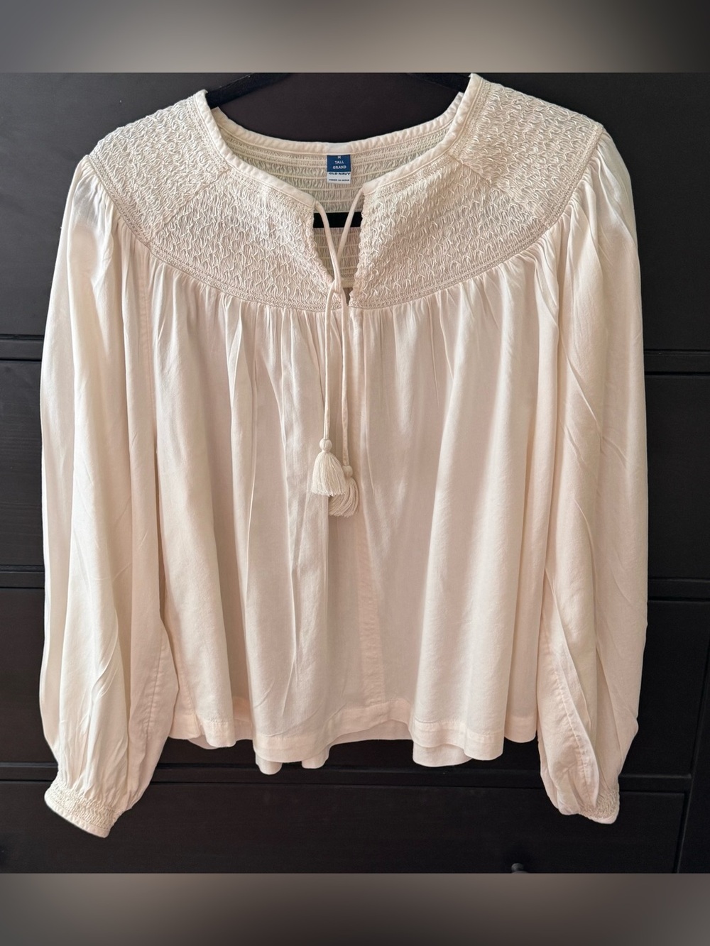 Old Navy Cream, Smocked Yoke Peasant Blouse with Tassels, ladies size M Tall
